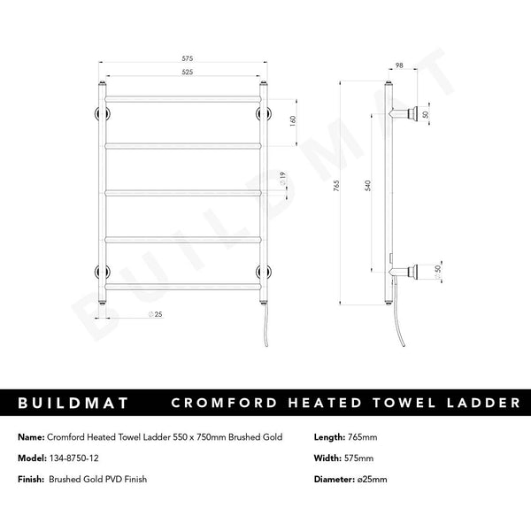 Phoenix Cromford Heated Towel Ladder 550x750mm Brushed Gold