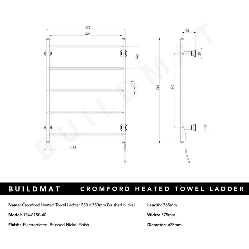 Cromford Heated Towel Ladder 550x750mm Brushed Nickel