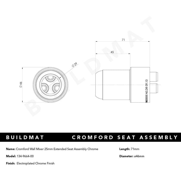 Phoenix Cromford Wall Mixer 25mm Extended Seat Assembly Chrome
