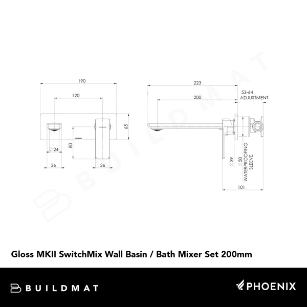 Phoenix Gloss MKII SwitchMix Wall Basin/Bath Mixer Set 200mm (Complete Kit) Lead Free Chrome