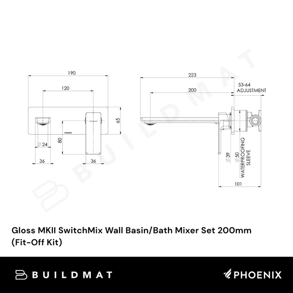 Phoenix Gloss MKII SwitchMix Wall Basin/Bath Mixer Set 200mm (Fit-Off Kit) Chrome Lead Free