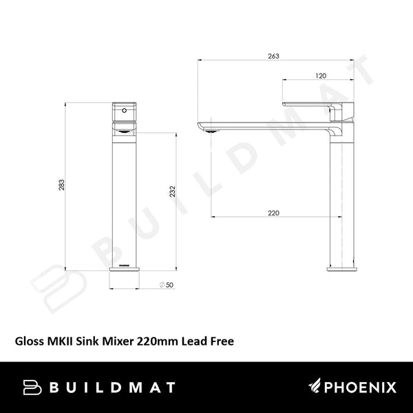 Phoenix Gloss MKII Sink Mixer 220mm Lead Free Matte Black