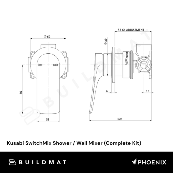 Phoenix Kusabi Shower / Wall Mixer (Complete Set) Chrome Lead Free