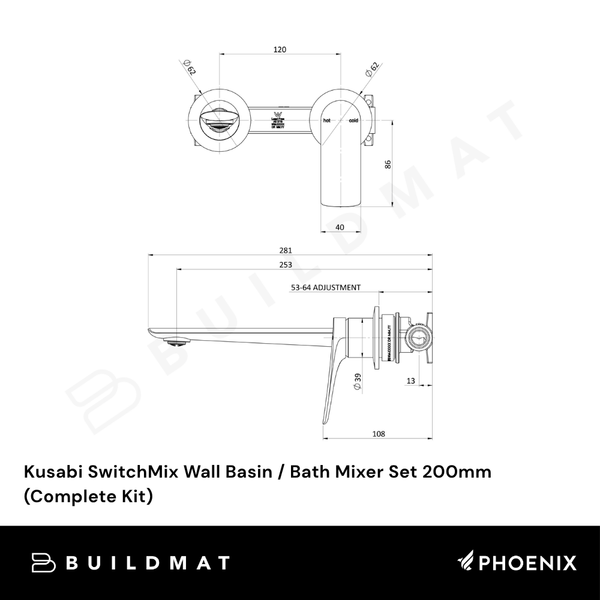 Phoenix Kusabi SwitchMix Wall Basin / Bath Mixer Set 200mm (Complete Kit) Chrome Lead Free