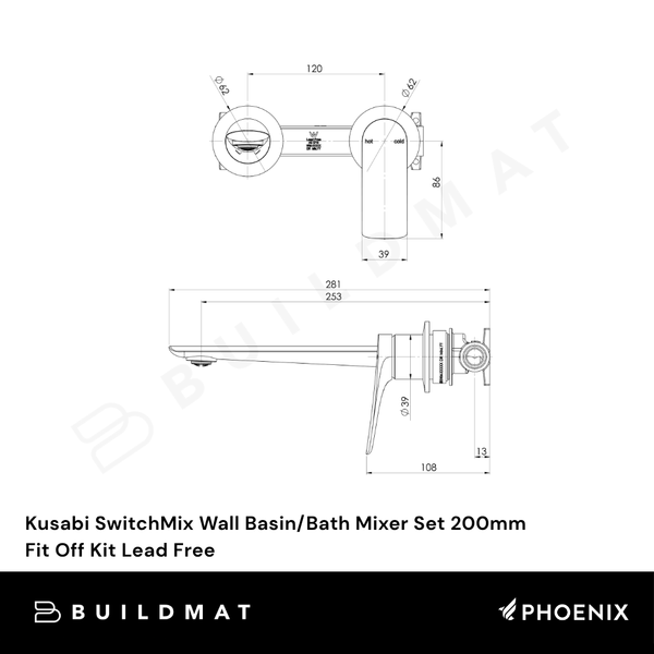 Phoenix Kusabi SwitchMix Wall Basin / Bath Mixer Set 200mm (Fit-Off Kit) Matte Black Lead Free