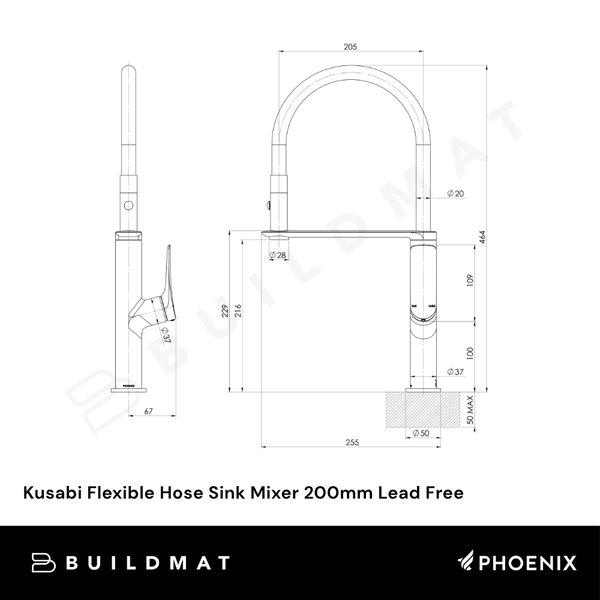 Phoenix Kusabi Flexible Hose Sink Mixer 200mm Brushed Carbon Lead Free