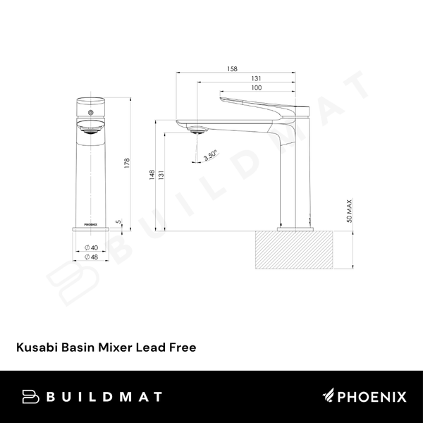Phoenix Kusabi Basin Mixer Matte Black Lead Free