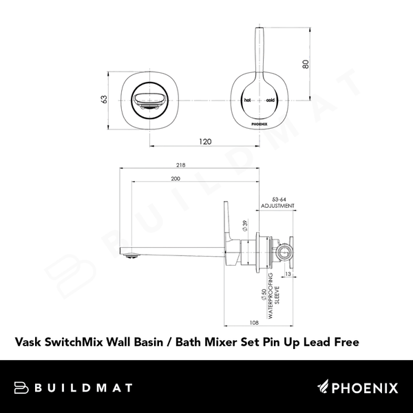 Phoenix Vask SwitchMix Wall Basin / Bath Mixer Set Pin Up (Fit-Off Kit Only) Lead Free Brushed Nickel