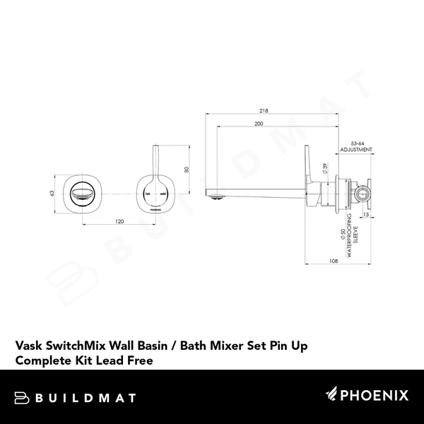 Phoenix Vask SwitchMix Wall Basin / Bath Mixer Set Pin Up (Complete Kit) Lead Free Brushed Nickel