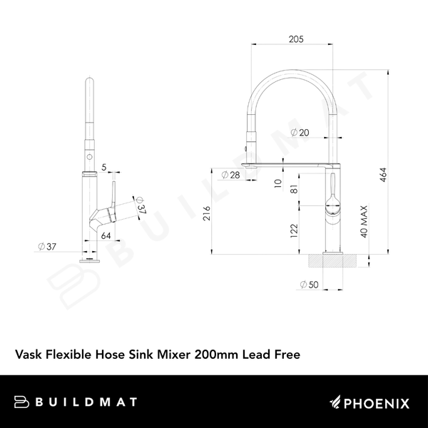 Phoenix Vask Flexible Hose Sink Mixer 200mm Brushed Gold Lead Free