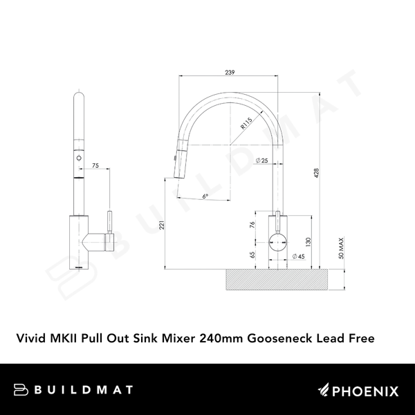 Phoenix Vivid MKII Pull Out Sink Mixer 240mm Gooseneck Brushed Gold Lead Free