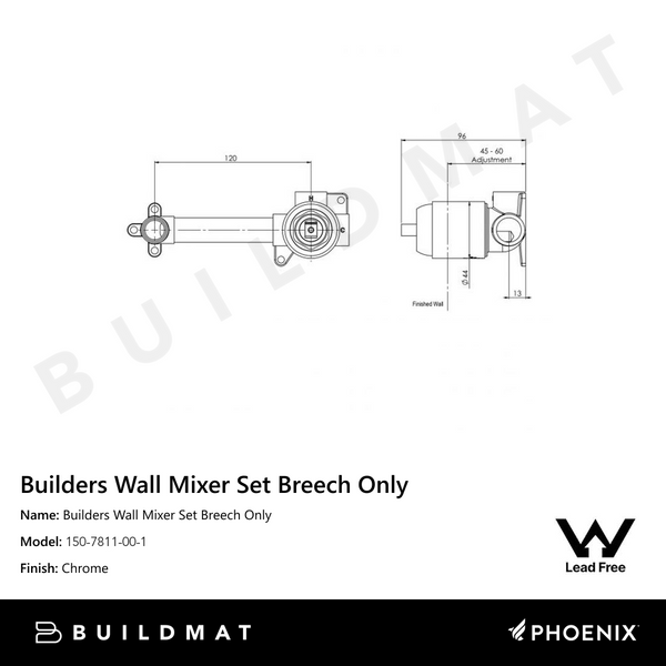 Phoenix Builders Wall Mixer Set Breech Only Lead Free Chrome
