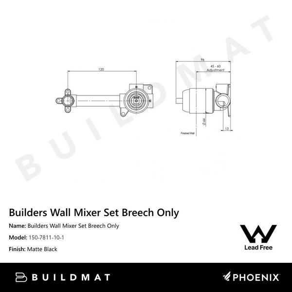 Phoenix Builders Wall Mixer Set Breech Only Lead Free Matte Black