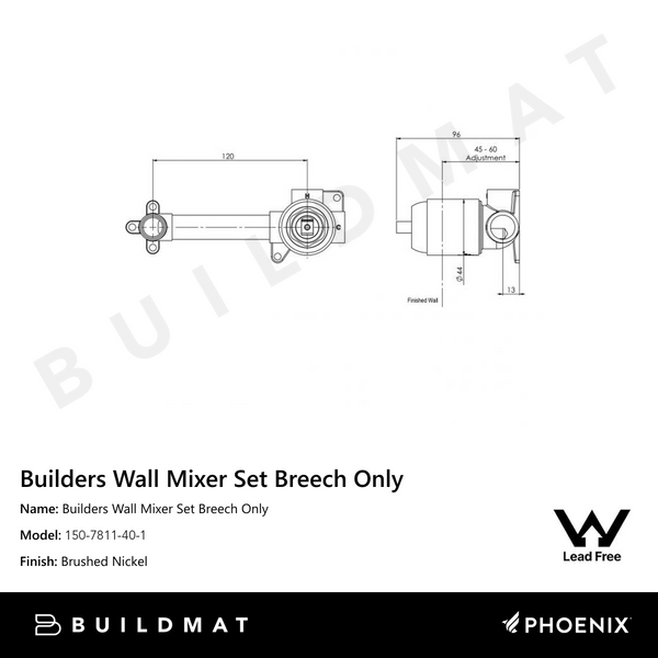 Phoenix Builders Wall Mixer Set Breech Only Lead Free Brushed Nickel