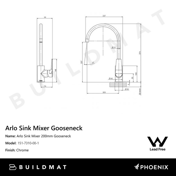 Phoenix Arlo Sink Mixer 200mm Gooseneck Lead Free Chrome