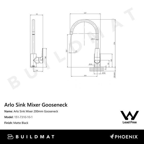 Phoenix Arlo Sink Mixer 200mm Gooseneck Lead Free Matte Black