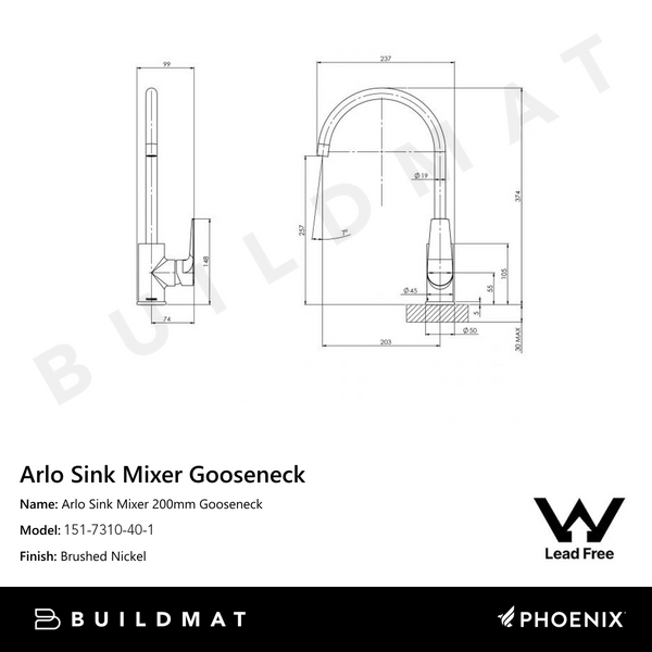 Phoenix Arlo Sink Mixer 200mm Gooseneck Lead Free Brushed Nickel
