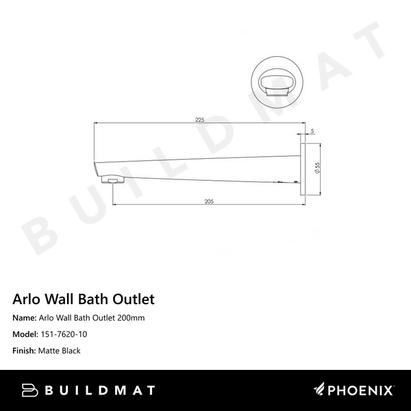 Phoenix Arlo Wall Bath Outlet 200mm Matte Black