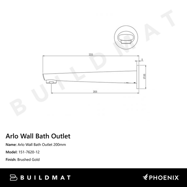 Phoenix Arlo Wall Bath Outlet 200mm Brushed Gold