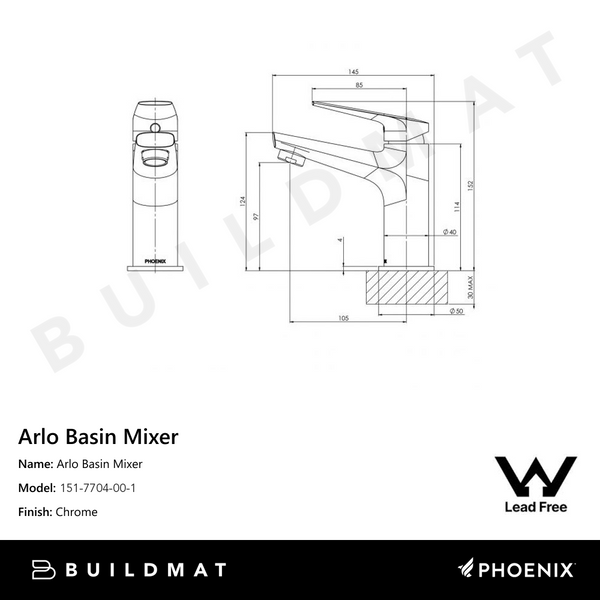 Phoenix Arlo Basin Mixer Lead Free Chrome