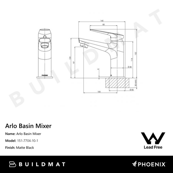 Phoenix Arlo Basin Mixer Lead Free Matte Black