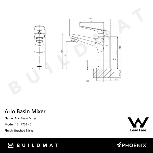 Phoenix Arlo Basin Mixer Lead Free 6 Star Brushed Nickel