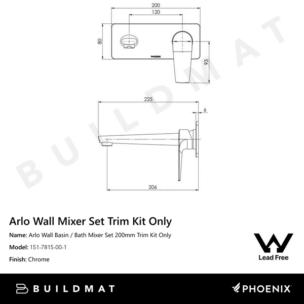 Phoenix Arlo Wall Basin / Bath Mixer Set 200mm (Trim Kit Only) Lead Free 6 Star Chrome