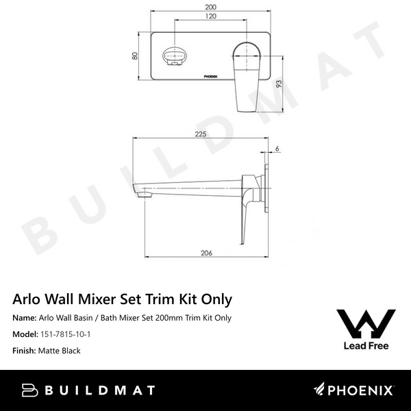 Phoenix Arlo Wall Basin / Bath Mixer Set 200mm (Trim Kit Only) Lead Free Matte Black
