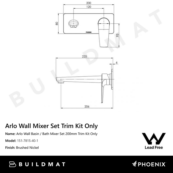 Phoenix Arlo Wall Basin / Bath Mixer Set 200mm (Trim Kit Only) Lead Free Brushed Nickel