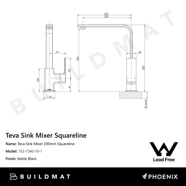 Phoenix Teva Sink Mixer 200mm Squareline Lead Free 6 Star Matte Black