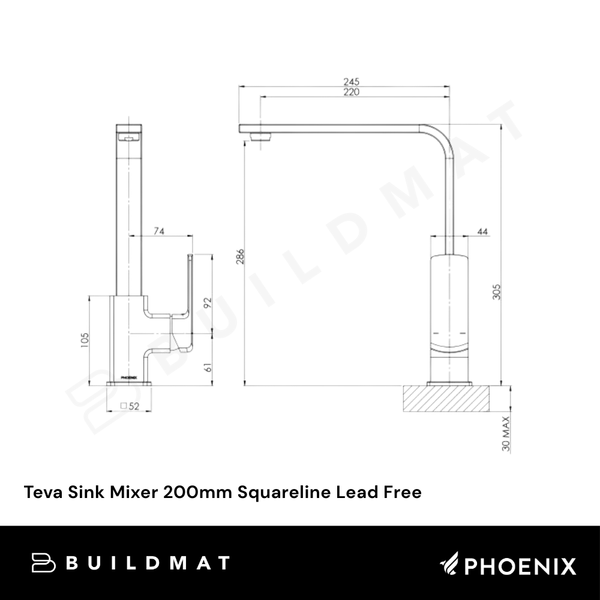 Phoenix Teva Sink Mixer 200mm Squareline Brushed Nickel Lead Free