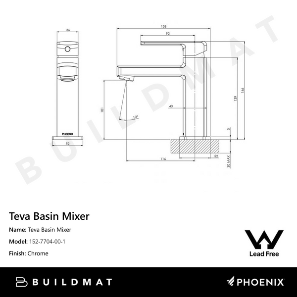 Phoenix Teva Basin Mixer Lead Free Chrome