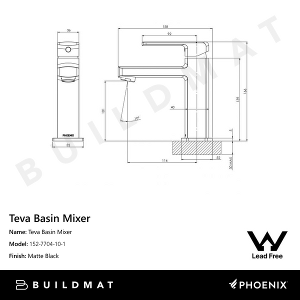 Phoenix Teva Basin Mixer Lead Free Matte Black