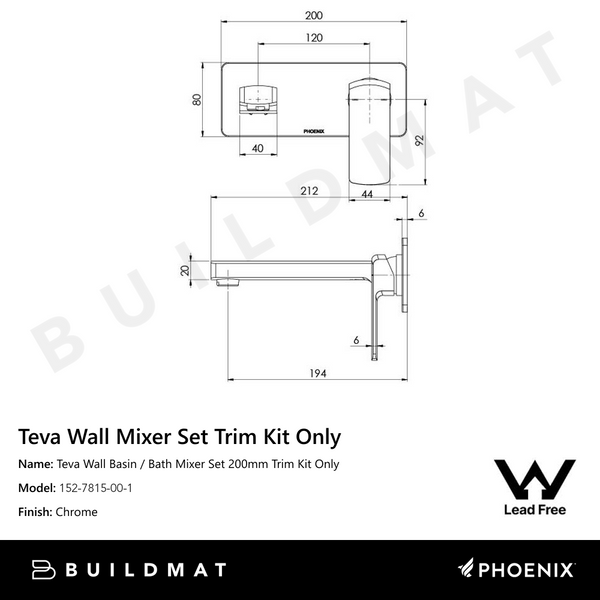 Phoenix Teva Wall Basin / Bath Mixer Set 200mm (Trim Kit Only) Lead Free Chrome