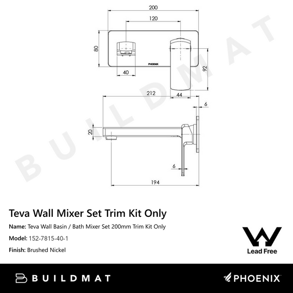 Phoenix Teva Wall Basin / Bath Mixer Set 200mm (Trim Kit Only) Lead Free 6 Star Brushed Nickel