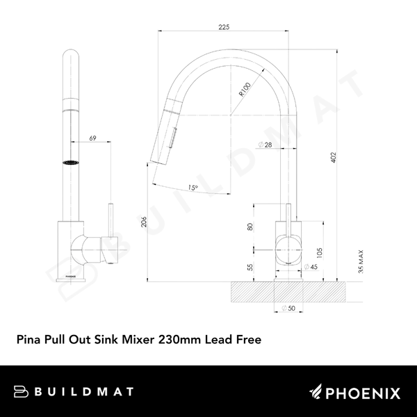 Phoenix Pina Pull Out Sink Mixer 230mm Brushed Nickel Lead Free