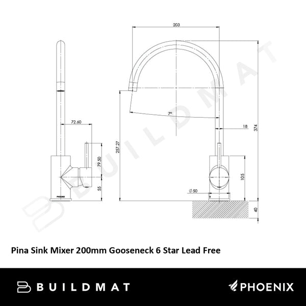 Phoenix Pina Sink Mixer 200mm Gooseneck 6 Star Lead Free Chrome