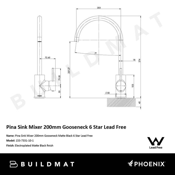 Phoenix Pina Sink Mixer 200mm Gooseneck 6 Star Lead Free Matte Black