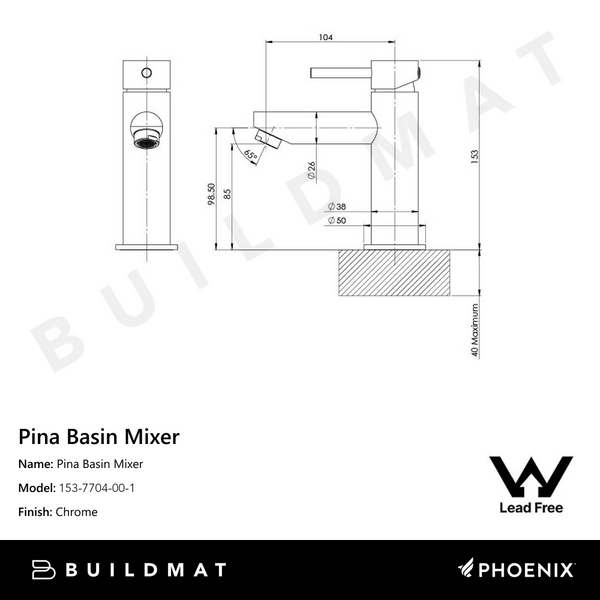 Phoenix Pina Basin Mixer Lead Free Chrome