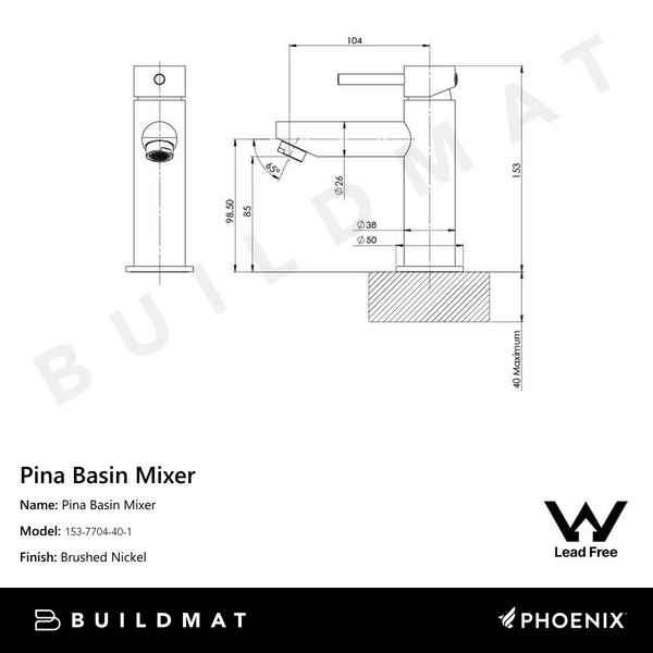 Phoenix Pina Basin Mixer Lead Free Brushed Nickel