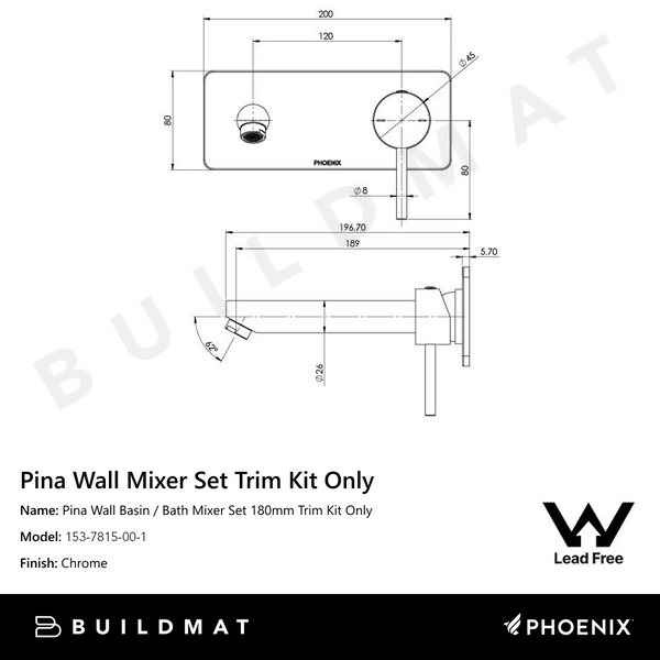 Phoenix Pina Wall Basin / Bath Mixer Set 180mm (Trim Kit Only) Lead Free Chrome