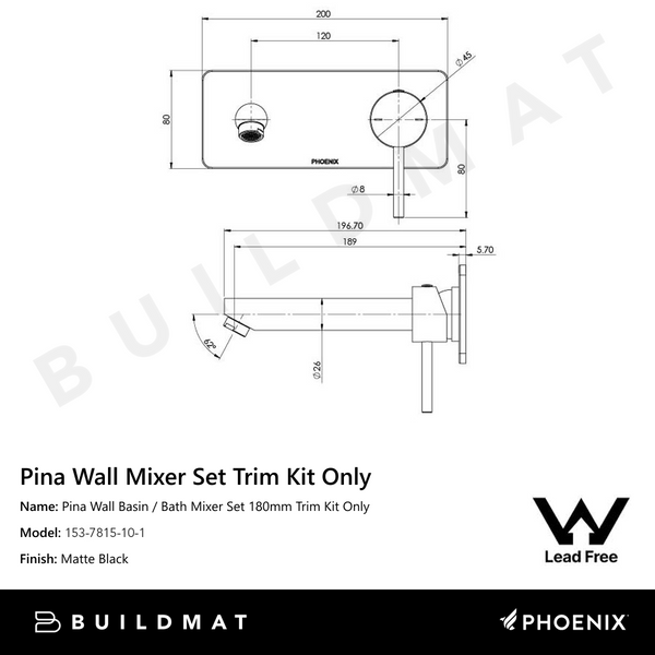 Phoenix Pina Wall Basin / Bath Mixer Set 180mm (Trim Kit Only) Lead Free Matte Black