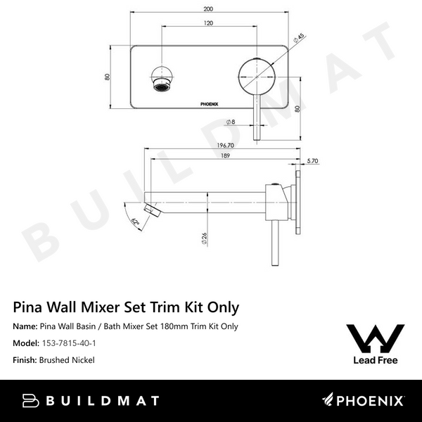 Phoenix Pina Wall Basin / Bath Mixer Set 180mm (Trim Kit Only) Lead Free Brushed Nickel