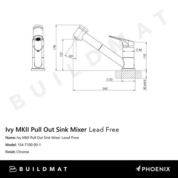 Phoenix Ivy MKII Pull Out Sink Mixer with Veggie Spray Lead Free Chrome