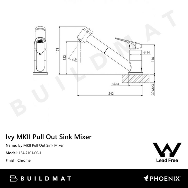 Phoenix Ivy MKII Pull Out Sink Mixer with Veggie Spray Lead Free Chrome