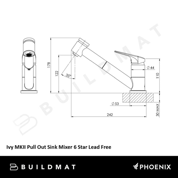 Phoenix Ivy MKII Pull Out Sink Mixer 6 Star Lead Free Matte Black