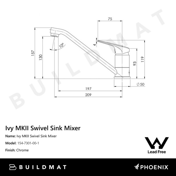Phoenix Ivy MKII Swivel Sink Mixer Lead Free 6 Star Chrome
