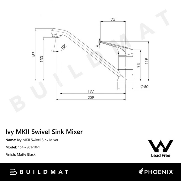 Phoenix Ivy MKII Swivel Sink Mixer Lead Free 6 Star Matte Black