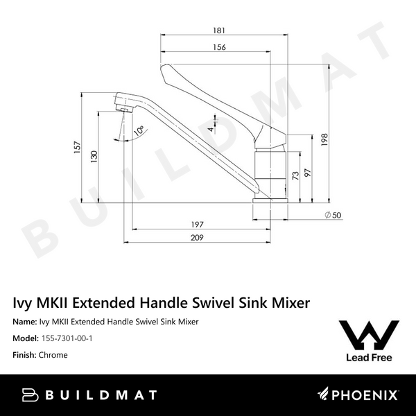 Phoenix Ivy MKII Extended Handle Swivel Sink Mixer Lead Free 6 Star Chrome