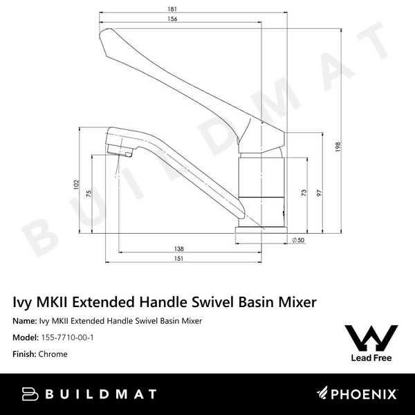 Phoenix Ivy MKII Extended Handle Swivel Basin Mixer Lead Free 6 Star Chrome